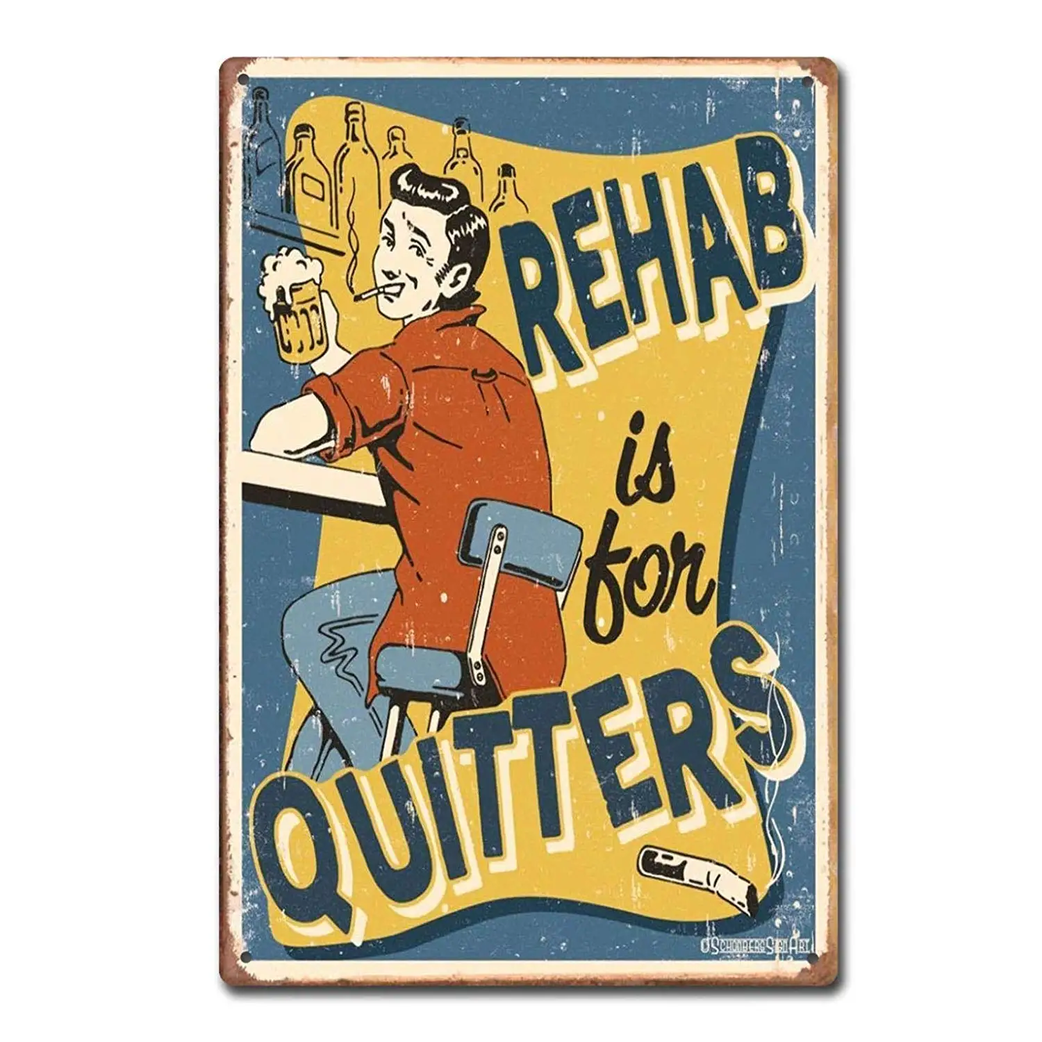 Unoopler Metal Signs Rehab Quitters Drink Beer Warning Sign | Indoor/Outdoor | 8 x 12 inch Tin Sign Vintage Look sign