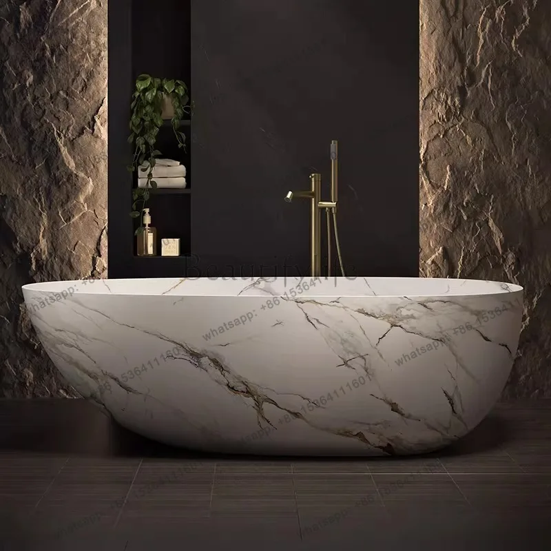 Any Size Custom Freestanding Artificial Stone Bathtub Natural Marble Texture One Piece