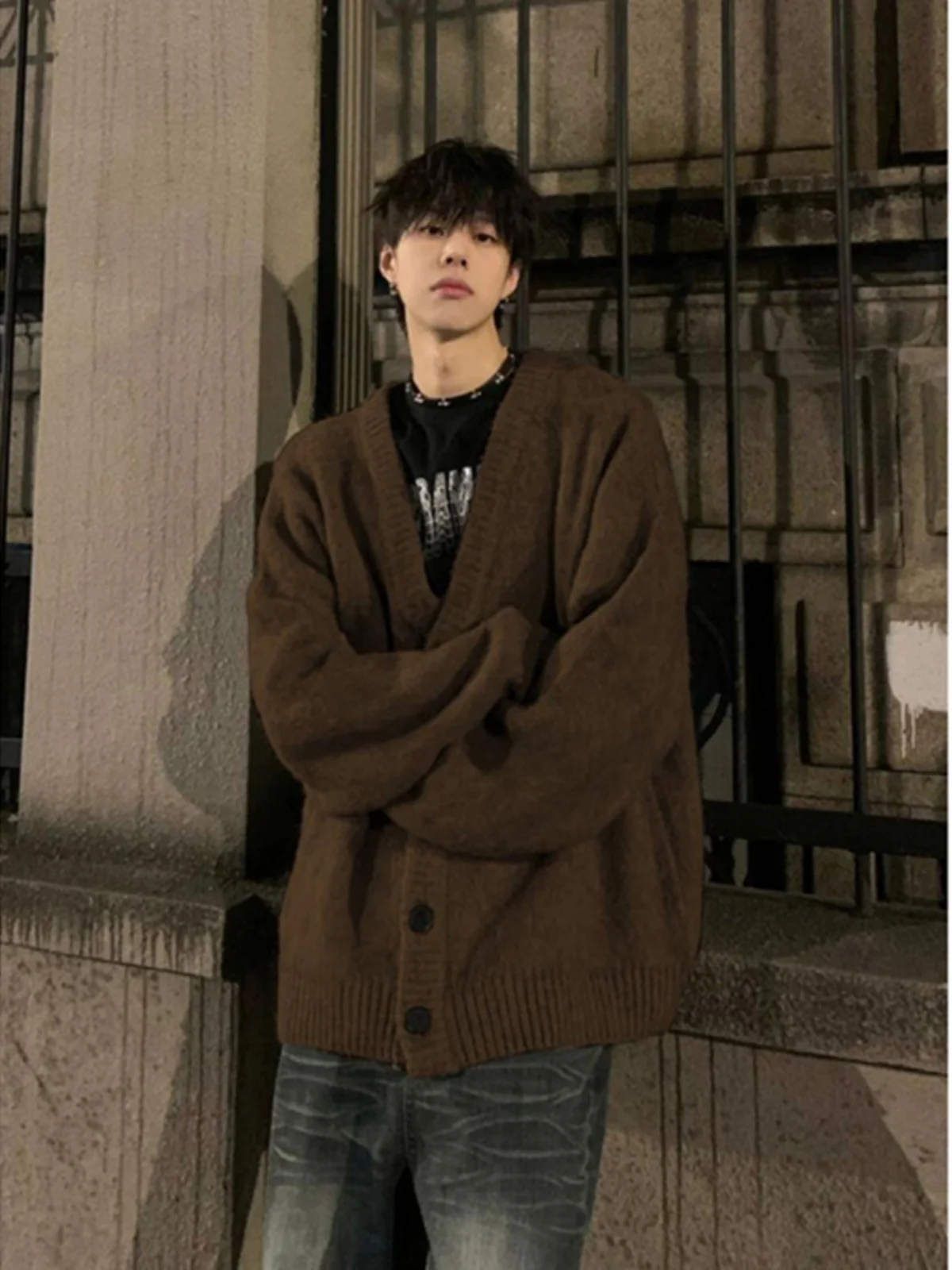 

Caramel Knitted Men's Sweater Korean Sle Cleanfit Long Sve V-Ne oulder-Length Open Cardigan for Autumn Casual Wear