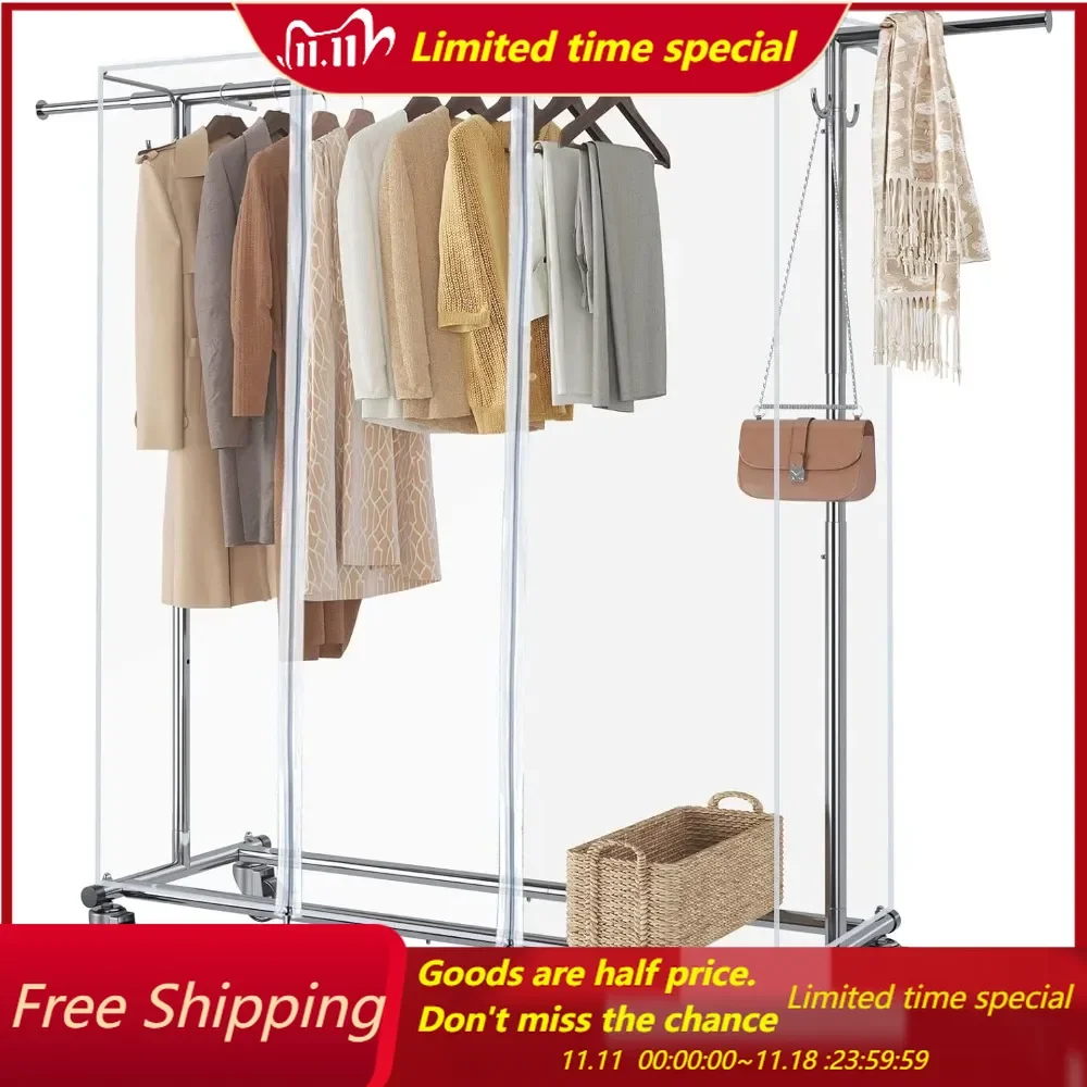 

Clothes Rack with Cover, Adjustable Garment Rack with Wheels, Heavy Duty Clothing Rack with Extendable Hanging Rail