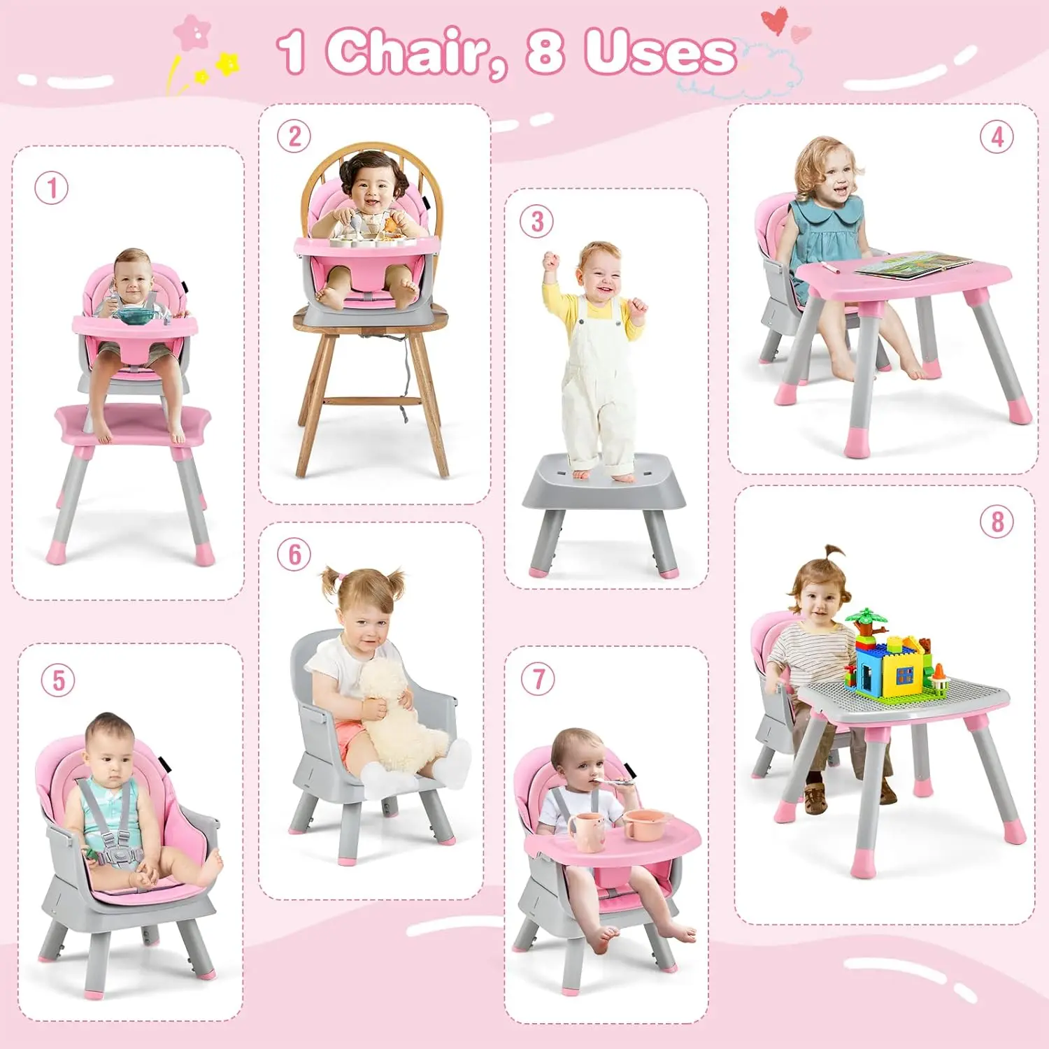 8 in 1 Baby High Chair, Convertible Highchair for Babies and Toddlers/Table and Chair Set/Building Block Table