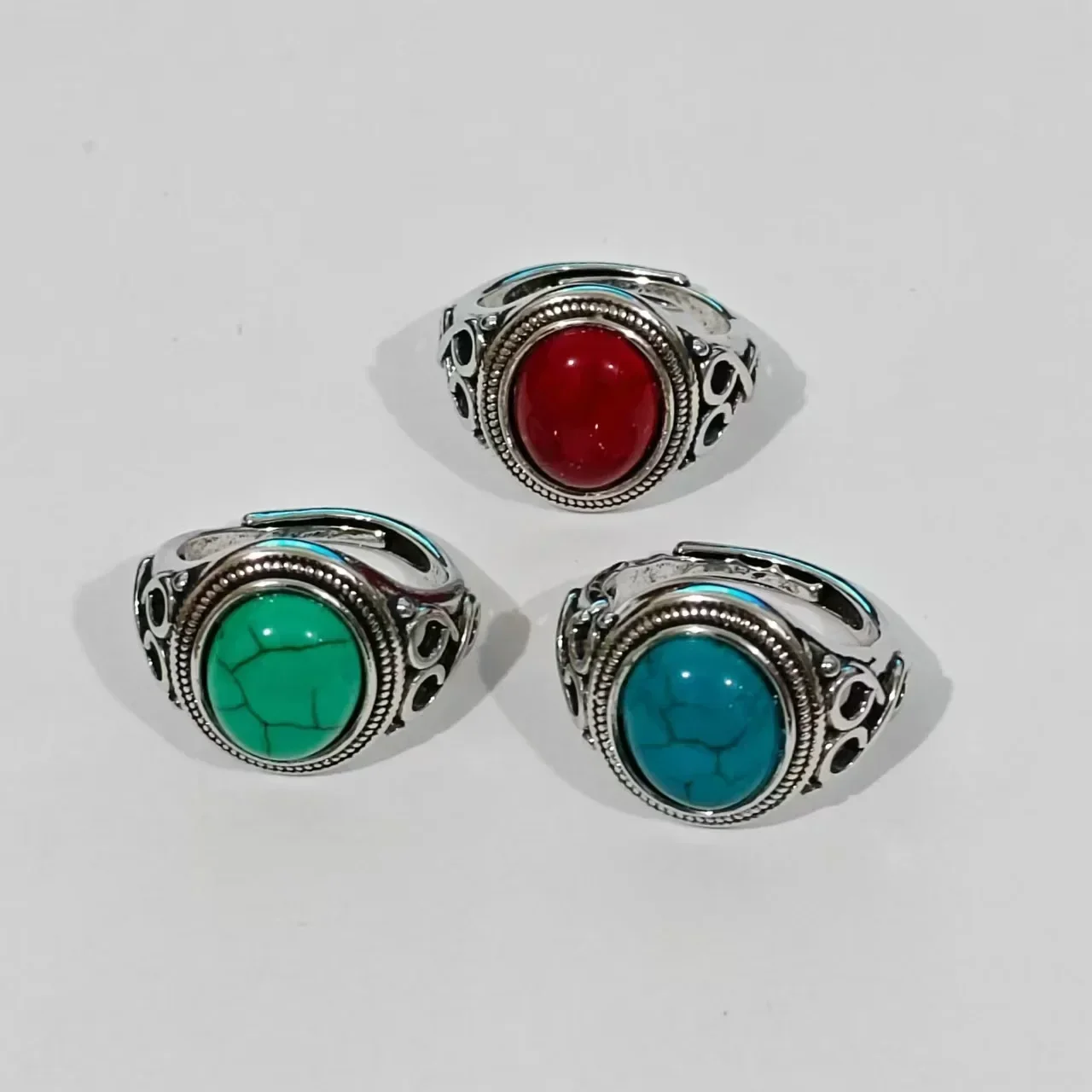 Stainless Steel Rings Tentacles Jewelry Imitation Turquoise Opening Adjustable Ring Retro Simple Oval Men's and Women's Rings