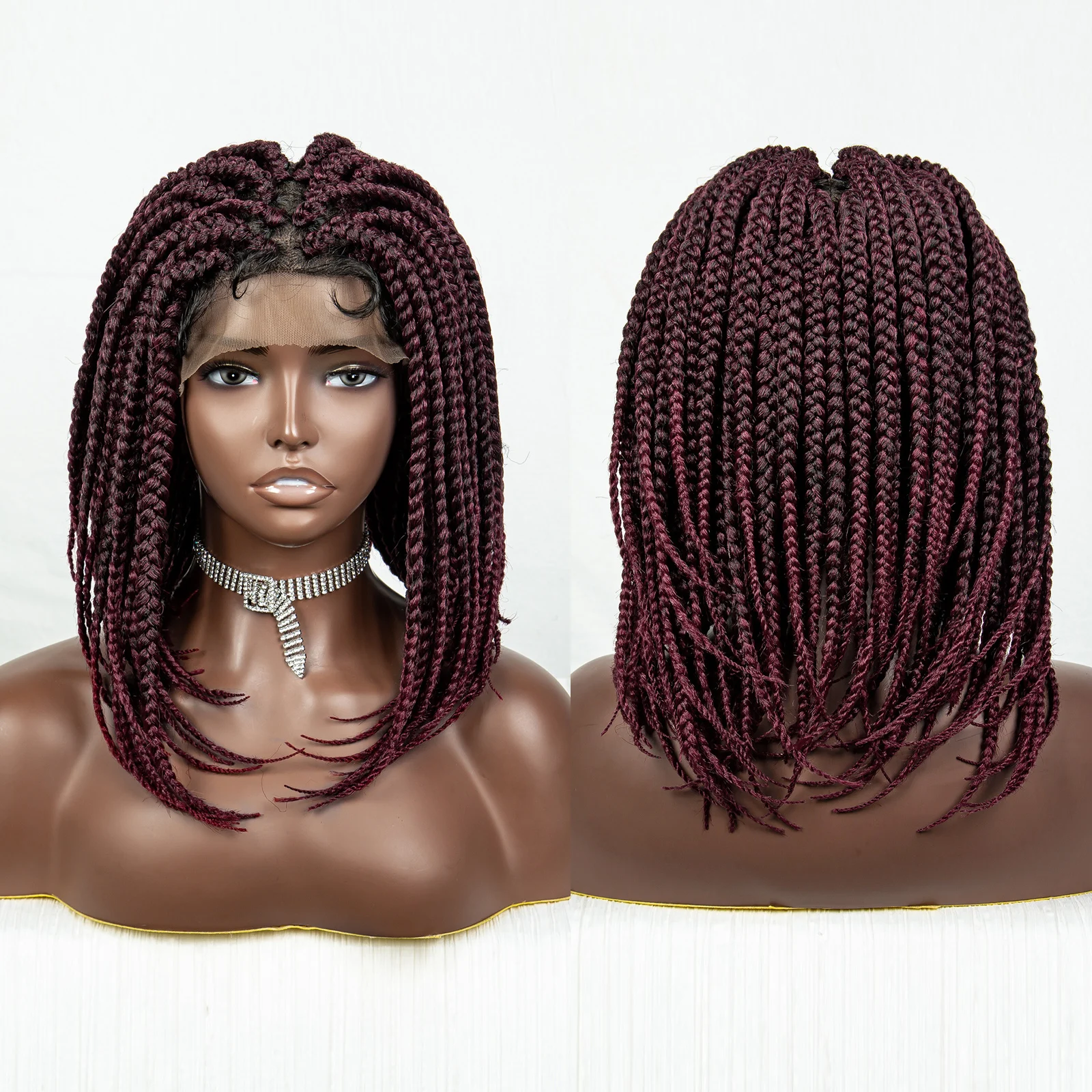 Peruca curta de Bob trançada sintética para mulheres negras, renda cheia, cabelo crochê, sem nós, tranças de caixa, perucas dianteiras, 99J