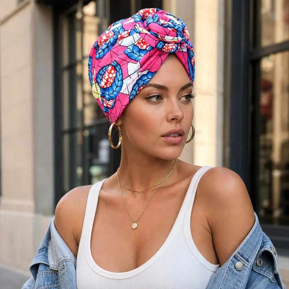 Fashion African Print Hijab Caps Knotted Style Pleated Twist Knot Turban Hat Wrap Soft Comfortable Headscarf All Match Decor