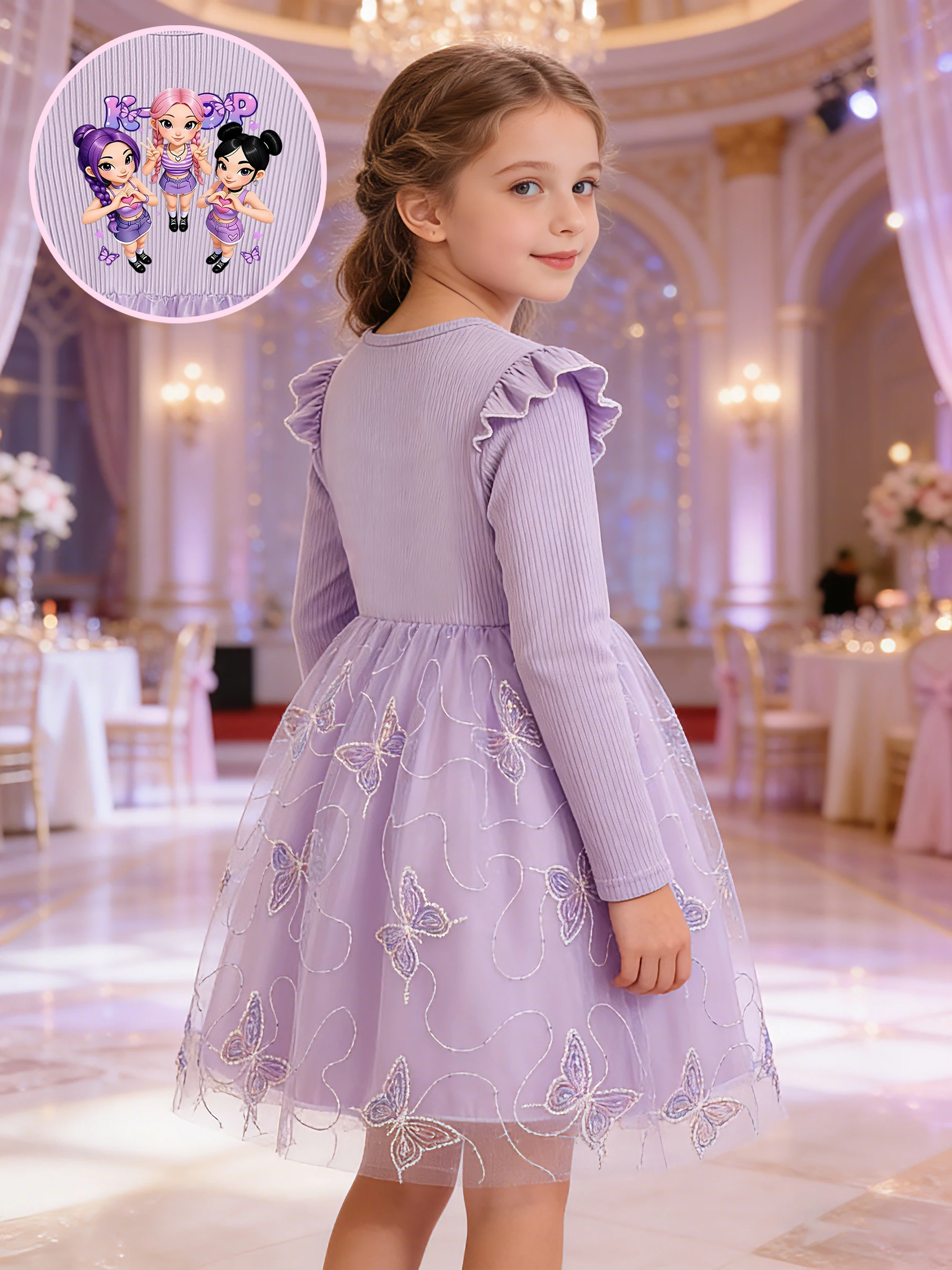 Mädchenkleid im Ins-Stil, geripptes Oberteil mit Flatterärmeln + bestickter Tüllrock mit Schmetterlingsmotiv – Detail 5