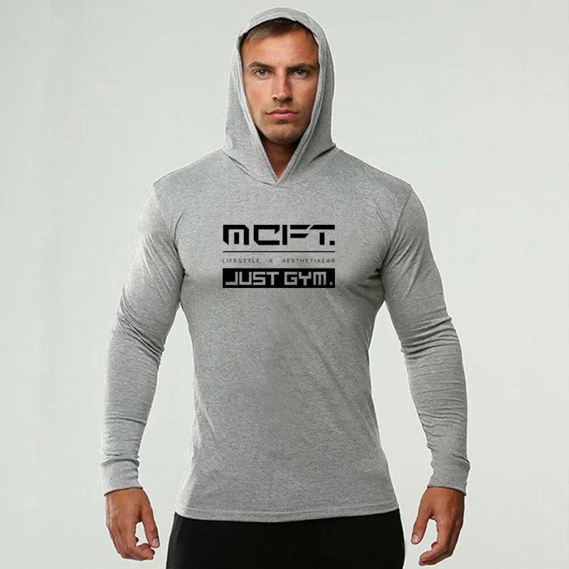 Mens Long Sleeves Elasticity Cotton Hooded T Shirts Muscle Man Gym Fitness Bodybuilding Jogger Brand Clothing Tee Shirt Homme