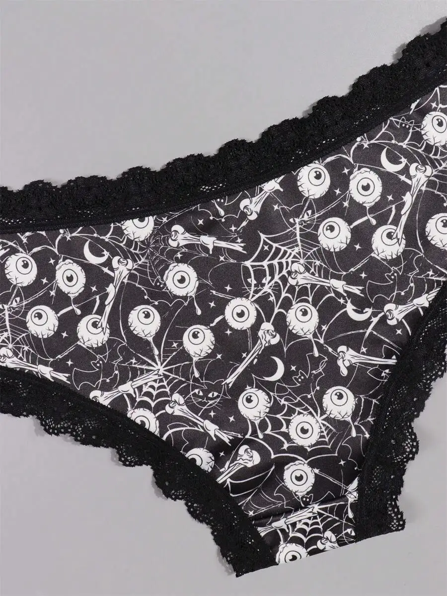 

Women Gothic Halloween Print Briefs With Lace Trim Soft Stretchy Panties