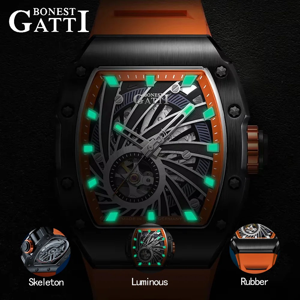 BONEST GATTI Men Luxury Trendy Automatic Mechanical Movement Wristwatch Tonneau Skeleton Steel Case Rubber Strap German Craft