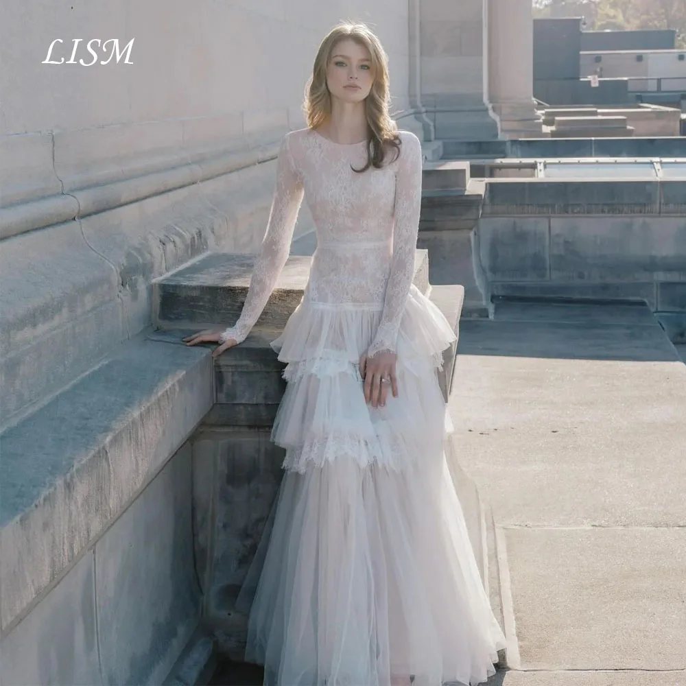 LISM Customized Modest Tiered Ruffles Tulle Wedding Dresses Lace Appliques O-Neck Long Sleeves A-Line Beach Bridal Gown