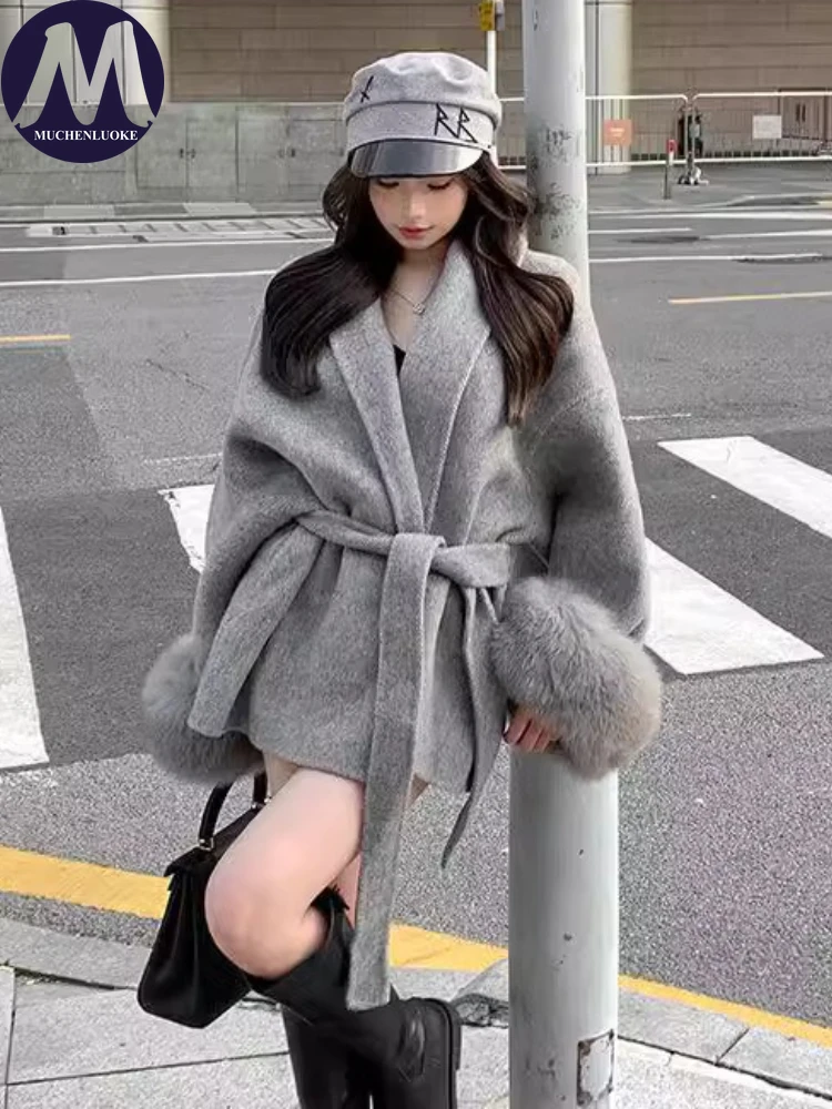 

Coats for Women Autumn Winter New Elegant Long Sleeves V Neck Lace Up Woolen Coat Korean Fashion Casual Loose Street Trends Coat