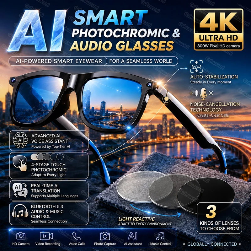 

1080P HD Camera Smart AI Glasses Video Recorder Bluetooth 5.4 Wireless Audio Headphones IP65 Waterproof Sport Men Women Eyewear