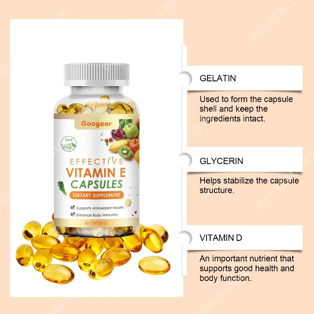 Googeer Efficient Vitamin E Capsules Dietary Supplement with Vitamin D Support Antioxidant Immune Health 60 Capsules