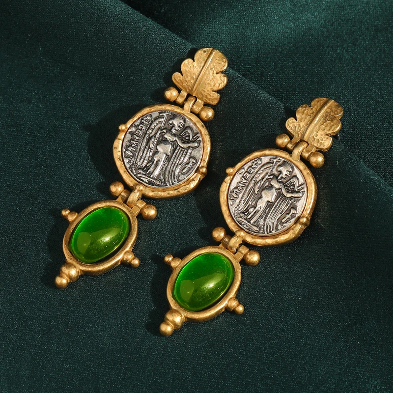 Vintage Emerald Green Oval Natural Stone Dangle Earrings Pendant Gold Color Coin Antique Jewelry for Woman Accessories Luxury