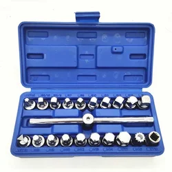 21PCS Oil Drain Pipe Plug Socket Set Oil Pan Screw Sleeve Wrench 3/8-Inch drive Sliding T-bar Removal Kit
