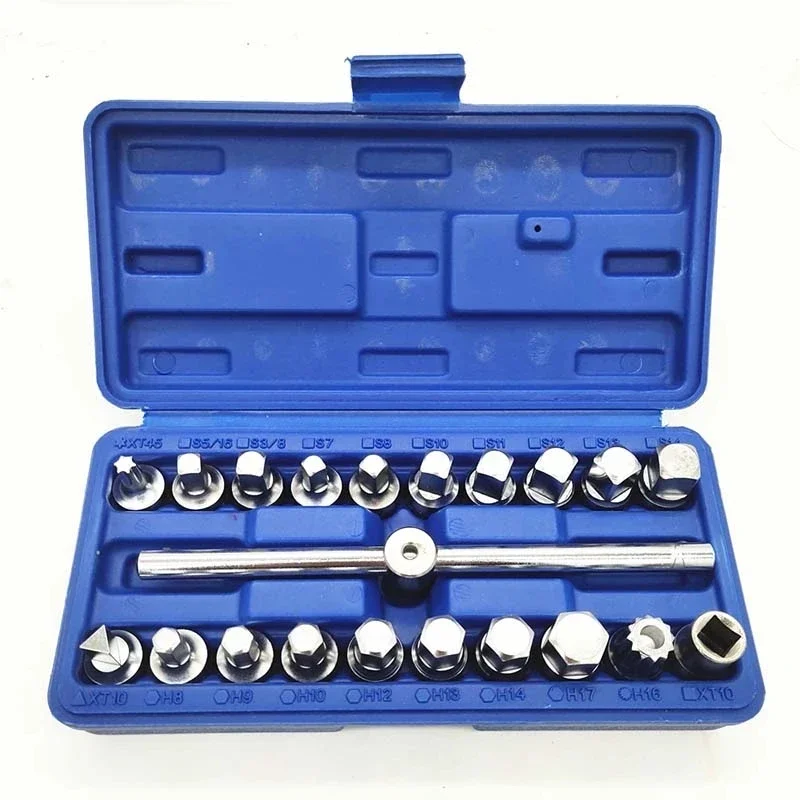 21PCS Oil Drain Pipe Plug Socket Set Oil Pan Screw Sleeve Wrench 3/8-Inch drive Sliding T-bar Removal Kit