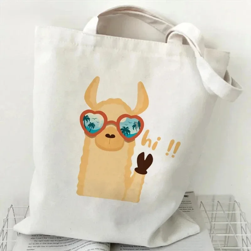 Cute Alpaca Pattern Cartoon Animal Print Handbag Large Capacity White Shopping Bag Women S Shoulder Bag