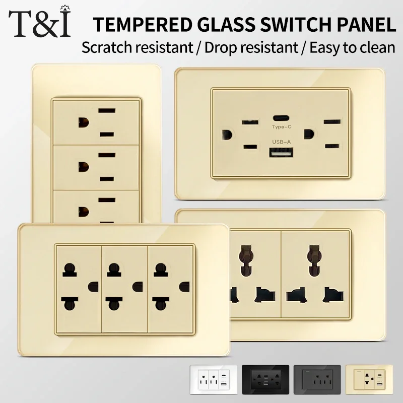 

T&I US Wall OutletType with USB and Type-C, Modern Tempered Glass Switch Socket
