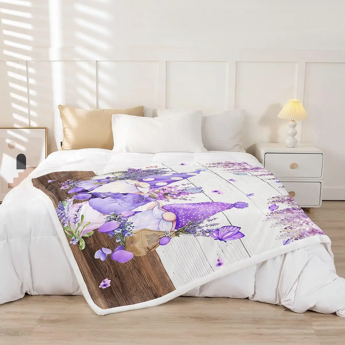 Cute Gnomes Throw Blanket Purple Vine Flower Butterfly Blanket for Couch Sofa, Lavender Bouquet Bed Blanket for Kids Boys Girls