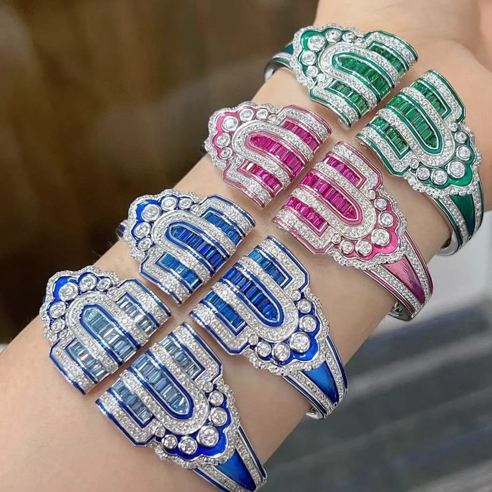 

KQDANCE Luxury 925 Sterling Silver Cuff Bangles Bracelets Green Hypnotic Blue Red High Carbon Diamond Stone Jewelry