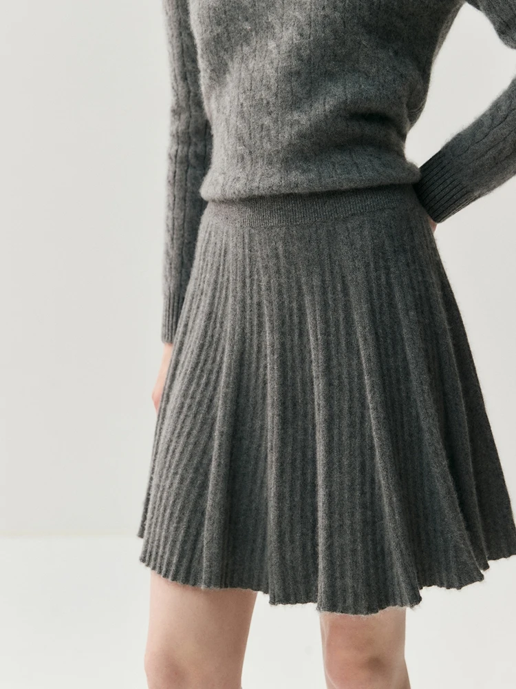 

TLOML Women's 100% Cashmere Knit Mini Skirt Autumn Winter A-line Pleated Skirt Preppy Style Above Knee Skirt Cashmere Knitwear