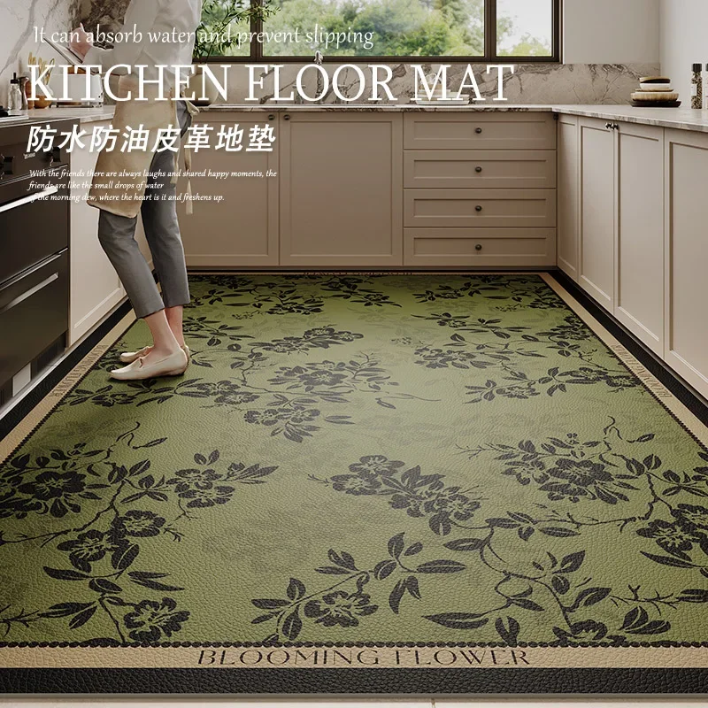 Vintage American Kitchen Leather Floor Mat Oil Proof Waterproof Non Slip Wipeable Wash Free Large Size Full Cover Kitchen Carpet