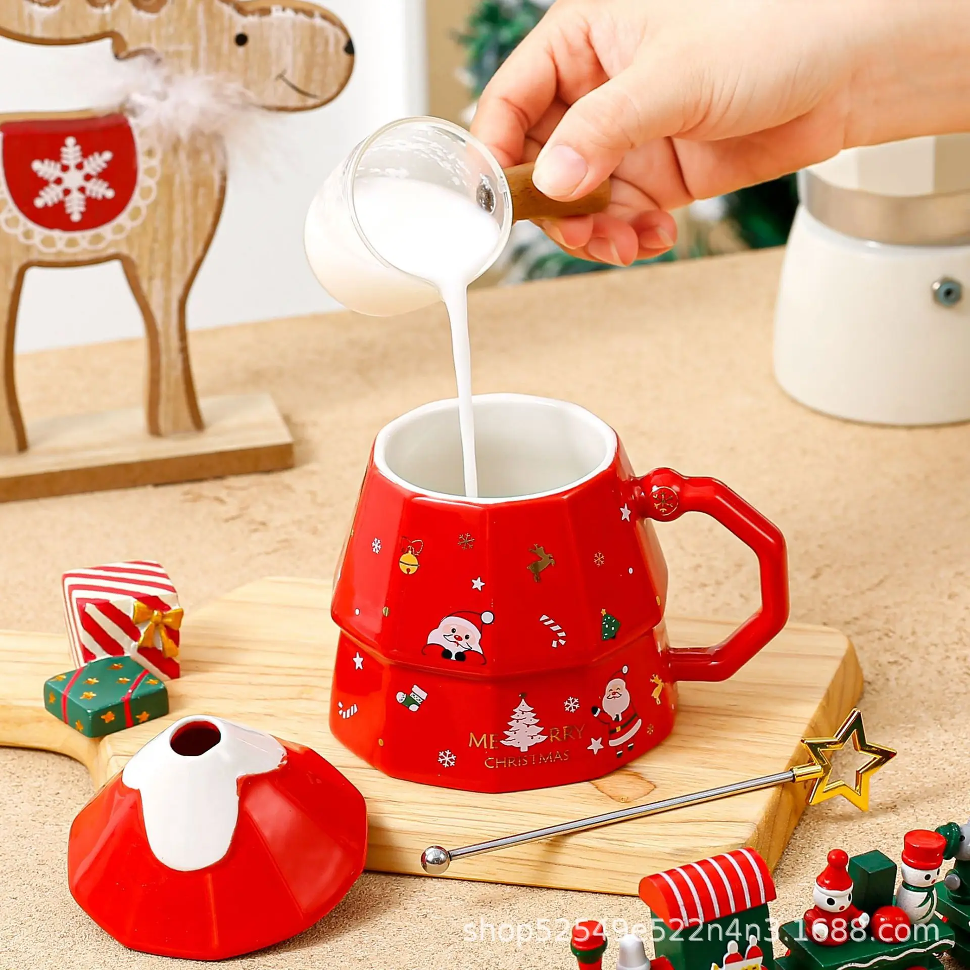 Taza de cerámica para árbol de Navidad, vaso creativo de dibujos animados de gran capacidad con tapa y cuchara, regalo de Navidad