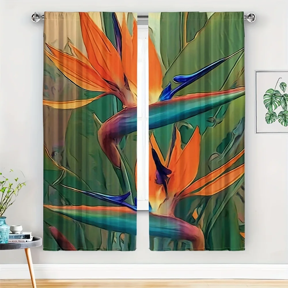 Bird of Paradise Floral Curtains Set of 2 Rod Pocket Semi Sheer for Living Room Bedroom Decor