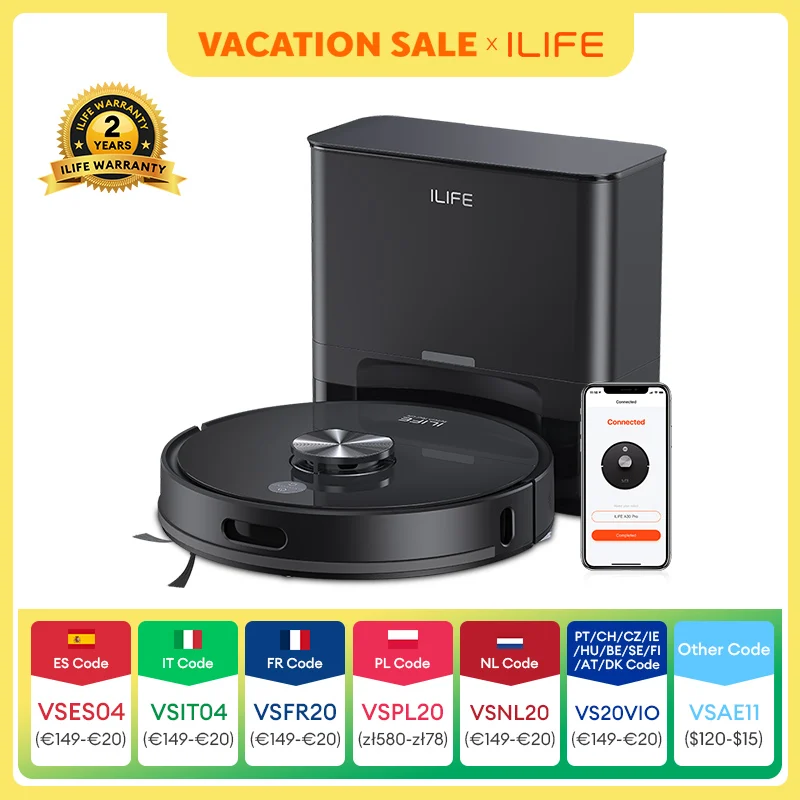 Aspiradora Robótica ILIFE T20s Ultra con Estación de Autovaciado, Succión de 10000 Pa, Batería de 4600 mAh, Tiempo de Funcionamiento Máximo de 300 Minutos