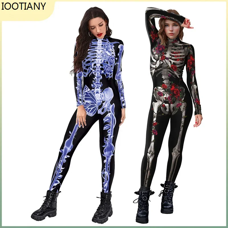 

New Halloween Skeleton Rose 3D Printed Jumpsuit Women Day Of The Dead Cosplay Bodysuit Sexy Zentai Suit Carnival Party Morphsuit