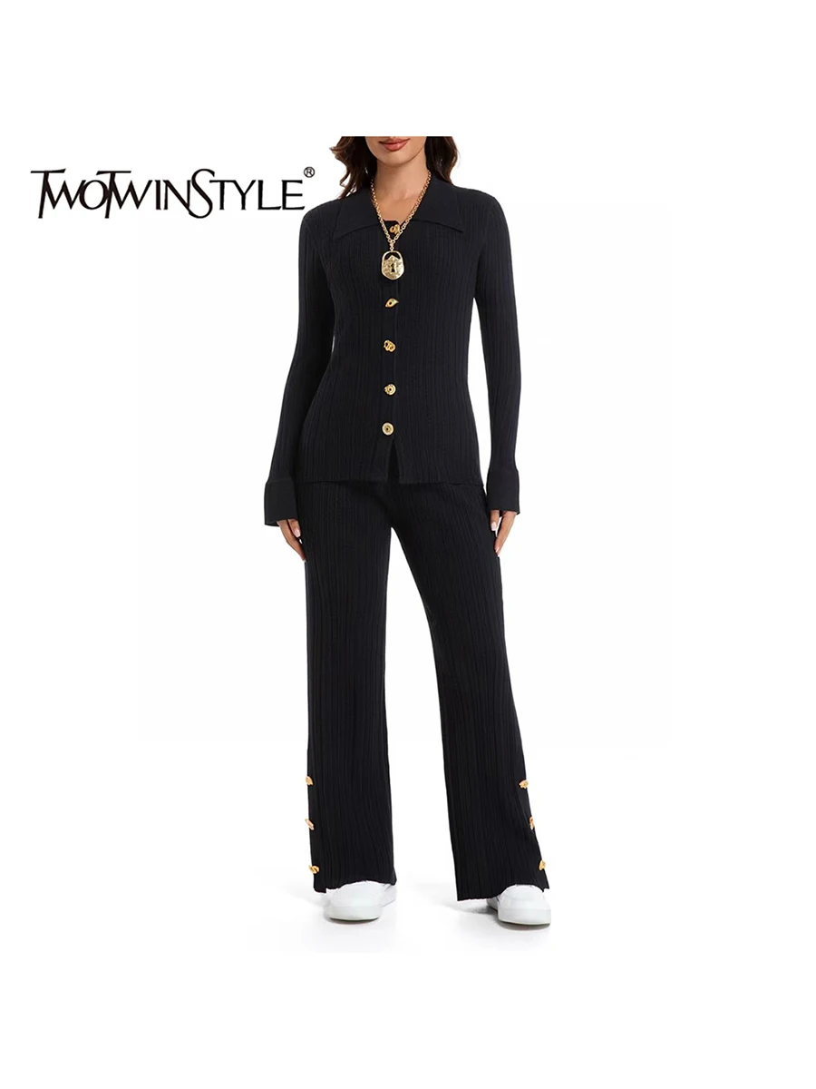 

TWOTWINSTYLE Solid Spliced Buttons Casual Two Piece Sets for Women V Neck Long Sleeves Top High Waist Pant Minimalist Set Female