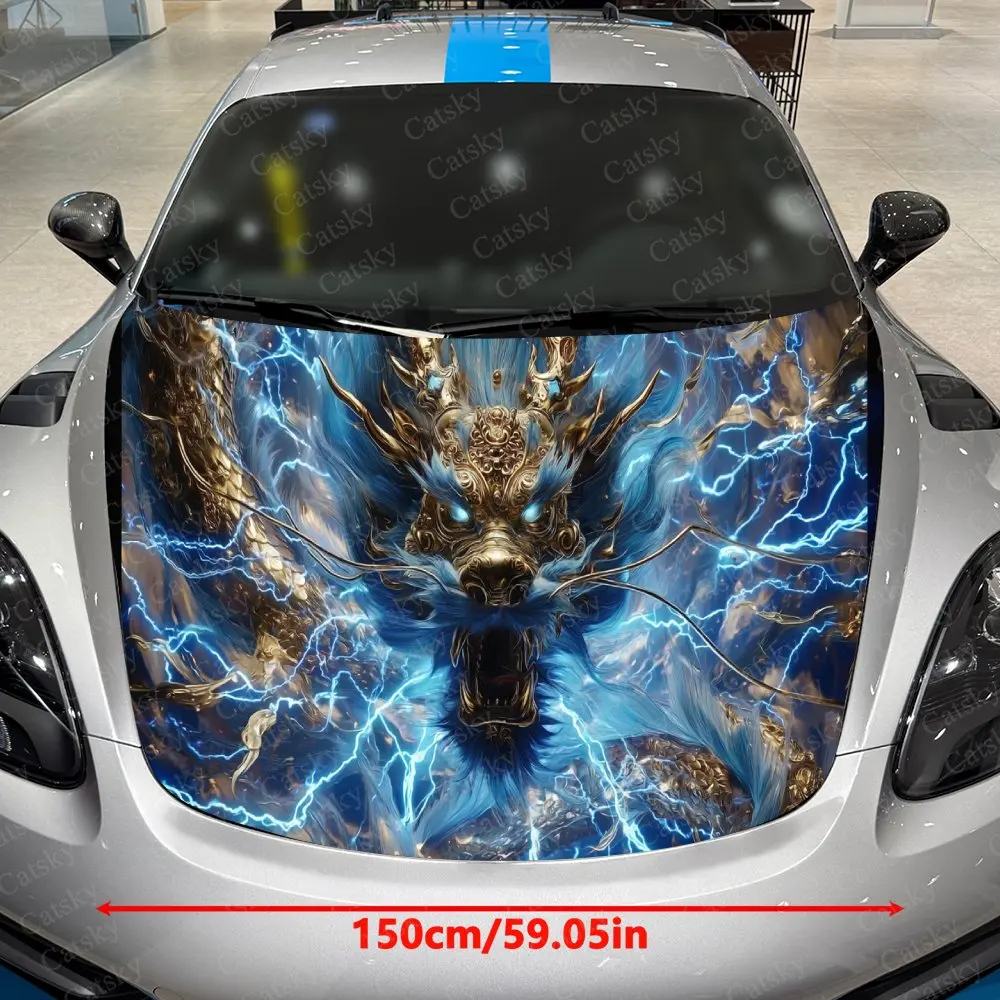 Lightning Golden-Patterned Blue Dragon Car Vinyl Wrap, PVC Material Waterproof Car Hood Sticker, Self-Adhesive Scratch-Resistant