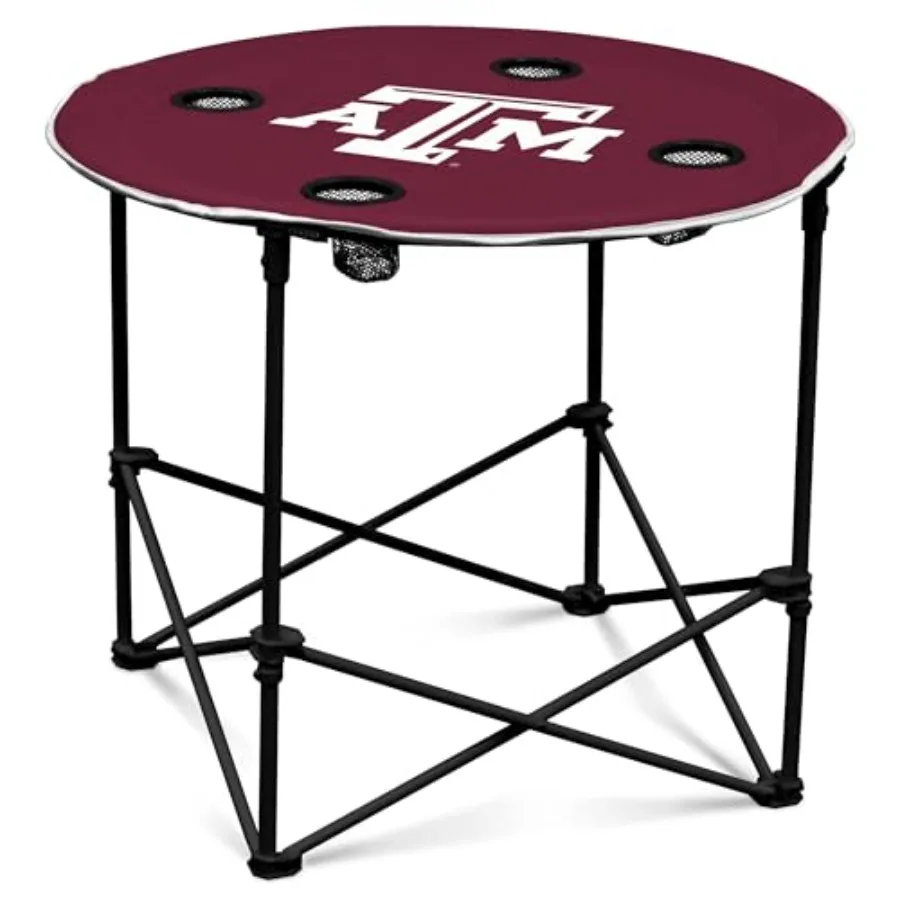

Logo Brands NCAA Texas AandM Aggies Round Tailgating Table Portable with Foldable Legs, 4 Cup Holders, Powder-Coated Steel, and