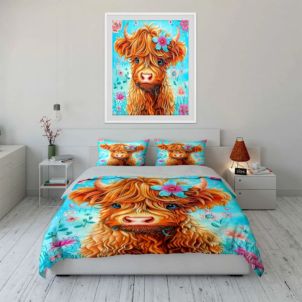 Cartoon Painted Cow with Colorful Flowers Print Soft Comfortable Duvet Cover Bedding Set Included 1*Duvet Cover  2*Pillowcases