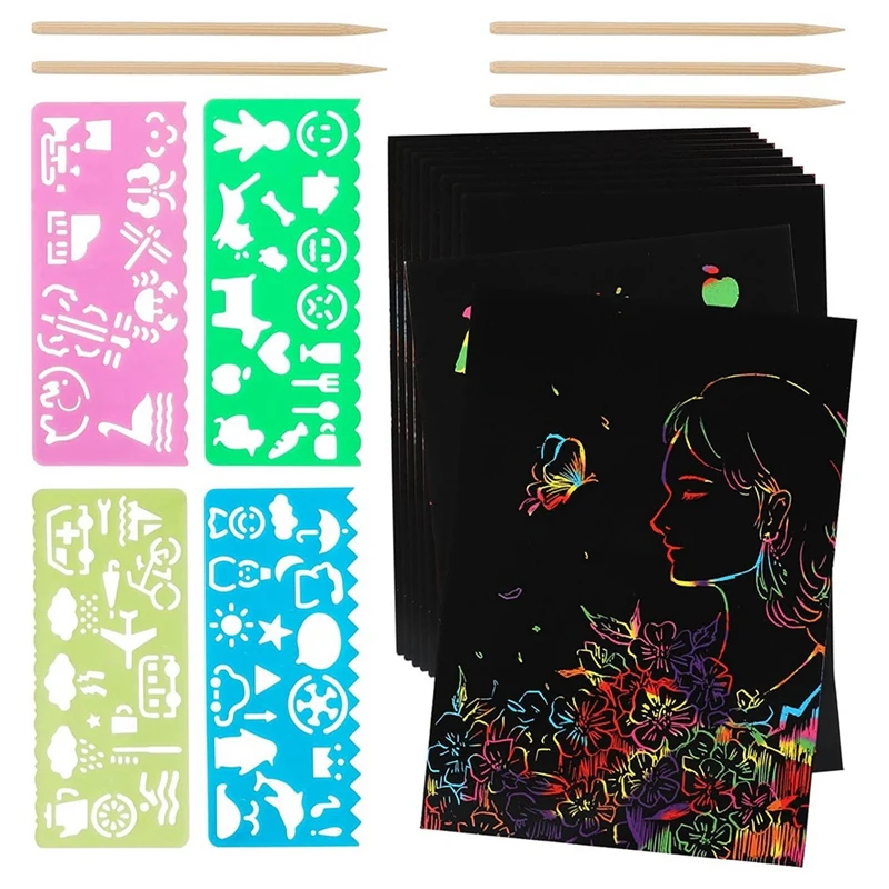 

Top-Rainbow Scratch Paper Art Set, Scratch Papers Supplies Black Scratch Drawing Art Crafts Sheets Notes Cards(59 Pcs)