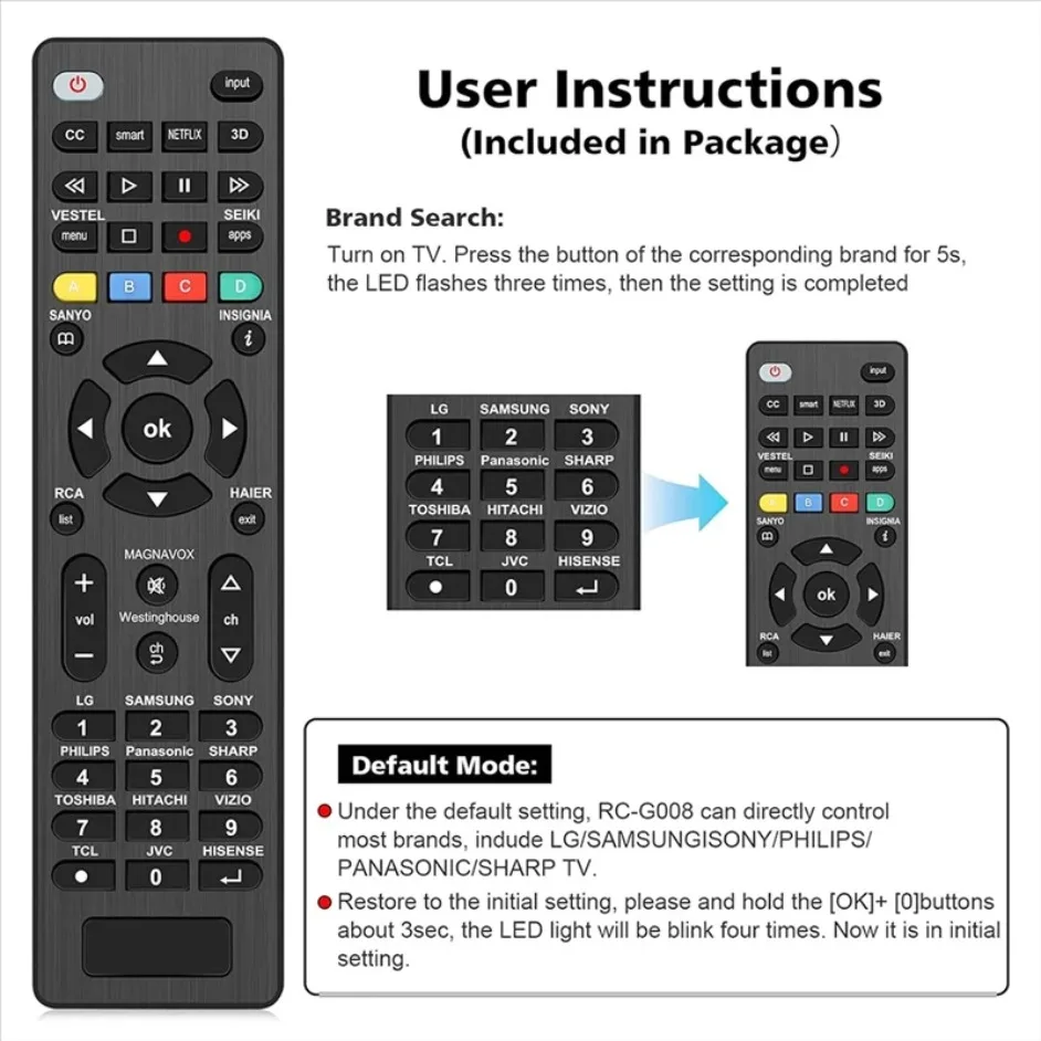 Télécommande universelle de remplacement IR RCG008, pour Sony, Samsung, Panasonic, Toshiba, Philips, avec lumière