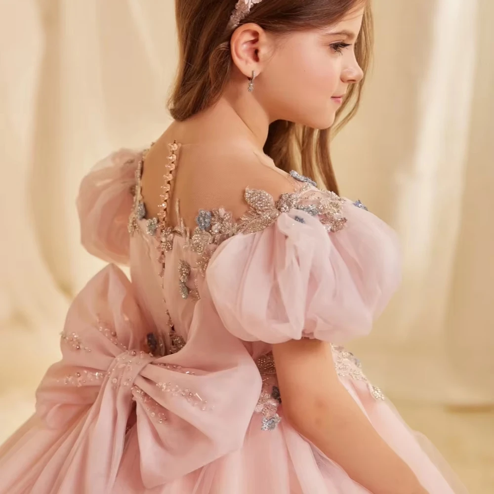 Pink Floral Embroidery Beaded Lace Princess Gown For Kids Birthday Party Festival Performance Cute Sweet Bow Flower Girl Dress