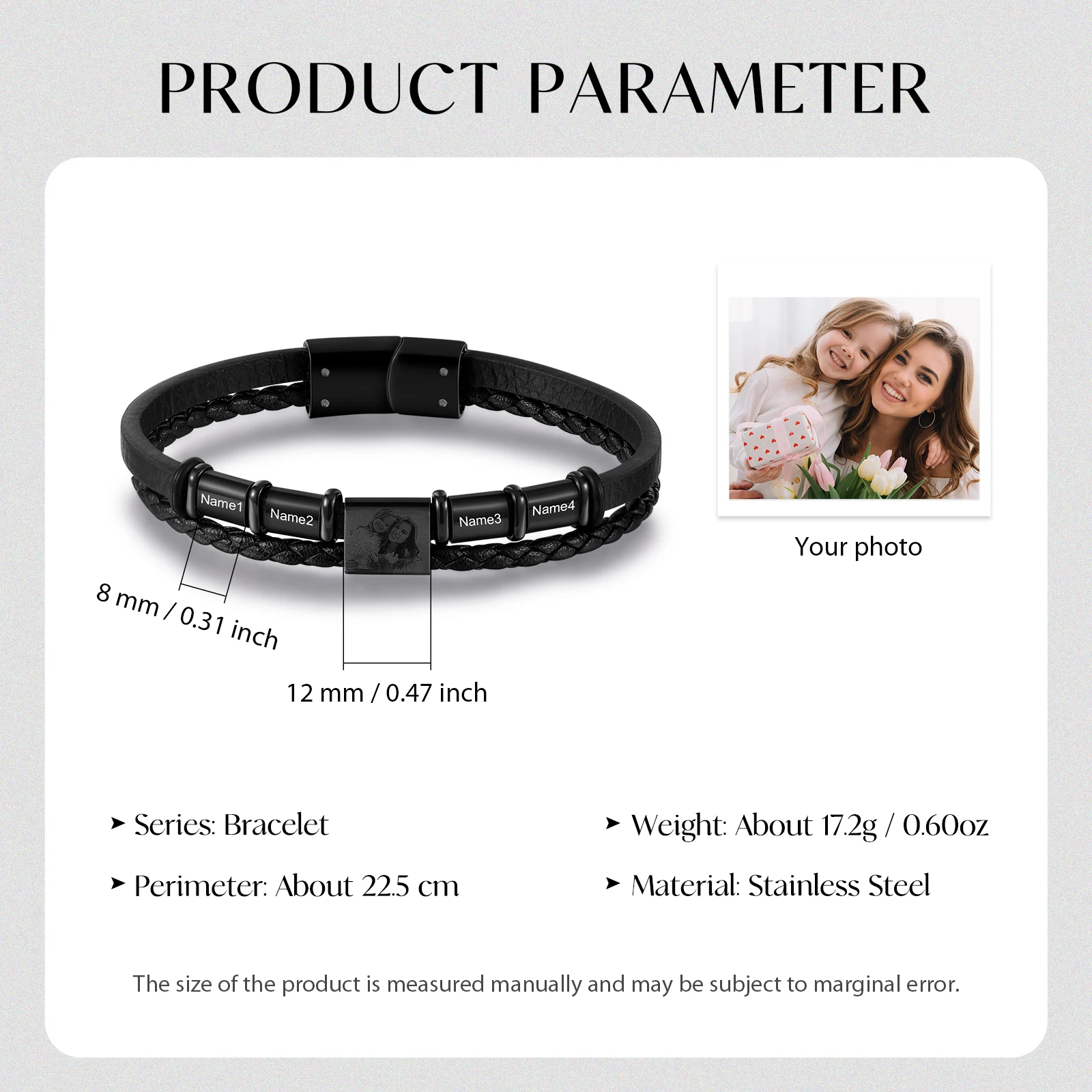 Personalized Men Leather Bracelet with 4 Engrave Name Beads Custom Photo Black Bracelets for Men Anniversary Gifts for Father