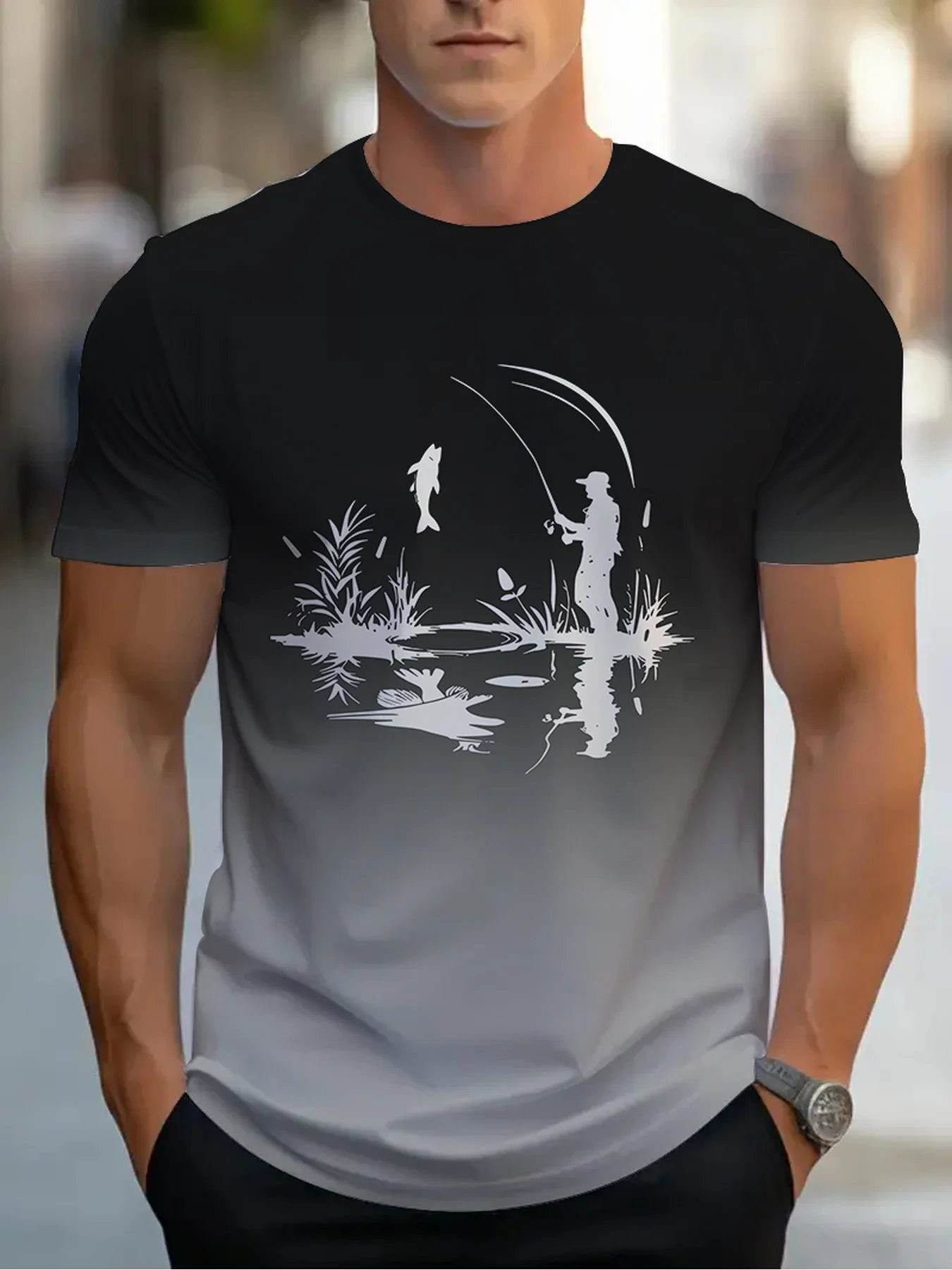 Fishing Style 3D Printed T-shirt For Summer Casual Loose Round Neck Short Sleeved Top, Thin，Machine Washable，Polyester Material