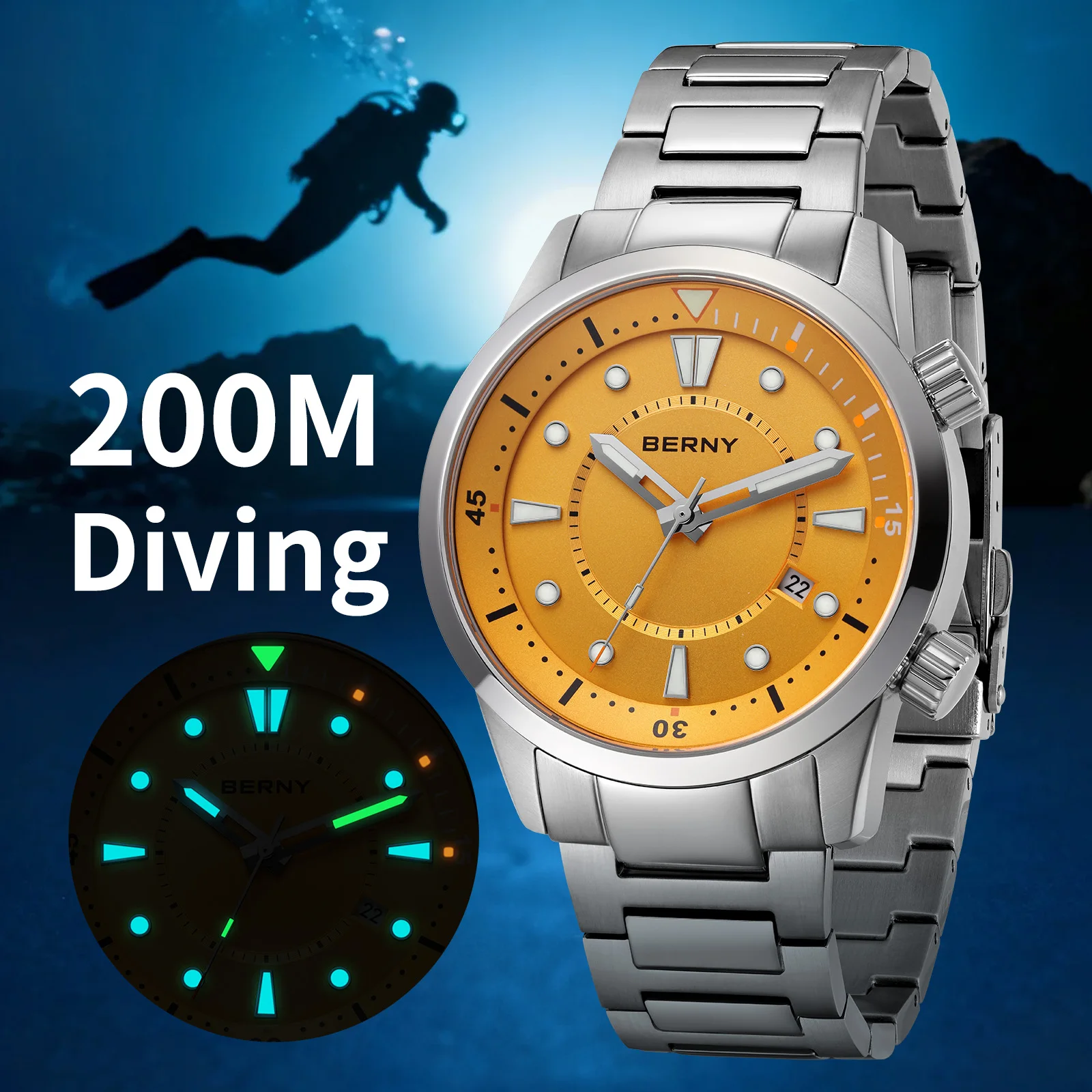 

BERNY Automatic Diving Watch for Men Top Quality 20ATM Sport Diver Man Wristwatch AR Coated Sapphire Full Solid Stainless Steel