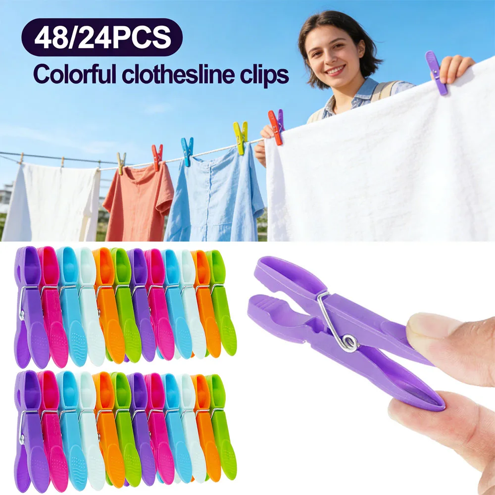 24/48 Pinzas para Ropa de Plástico de Colores, Clips Multiusos para Tendedero, Pinzas Resistentes al Viento para Lavandería del Hogar