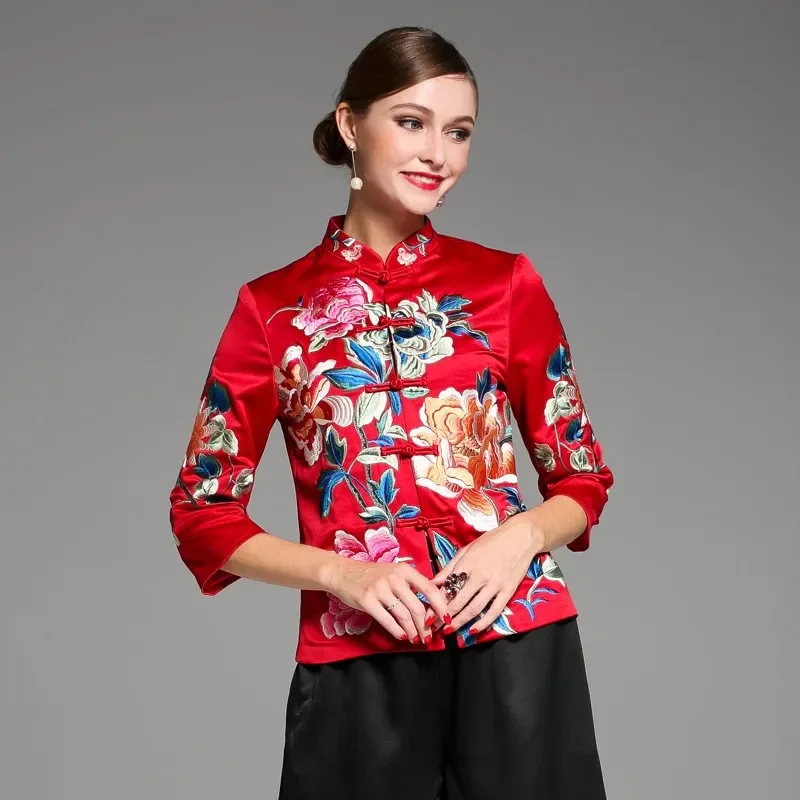 

Ethnic Vintage Tradition Embroider Peony Tang Suit Tops 2024 New Female Jacket Loose Satin Coat Elegant Chinese New Year Clothes