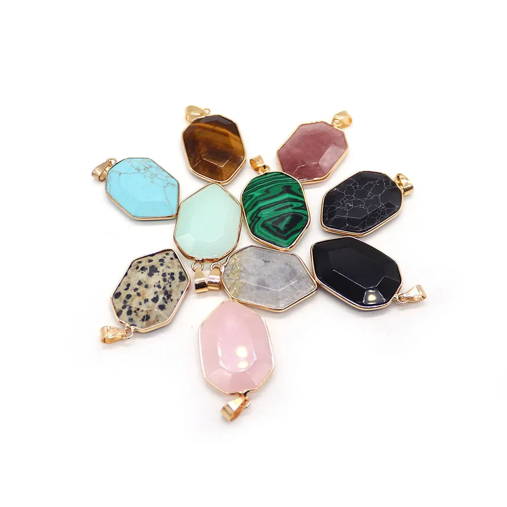 Natural Stone Polished Faceted Polygon Edge-Wrapped Single-Hole Crystal Spotted Stone Pendant DIY Accessories Necklaces Jewelry