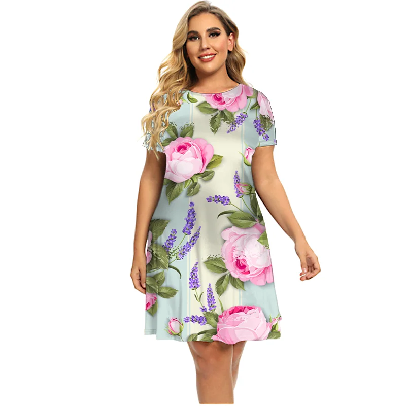 Gradient Tie Die Women Print Dress For Elegant 2022 Plus Size Summer Ladies Dress Casual Short Sleeve O-Neck Mini Loose Clothing