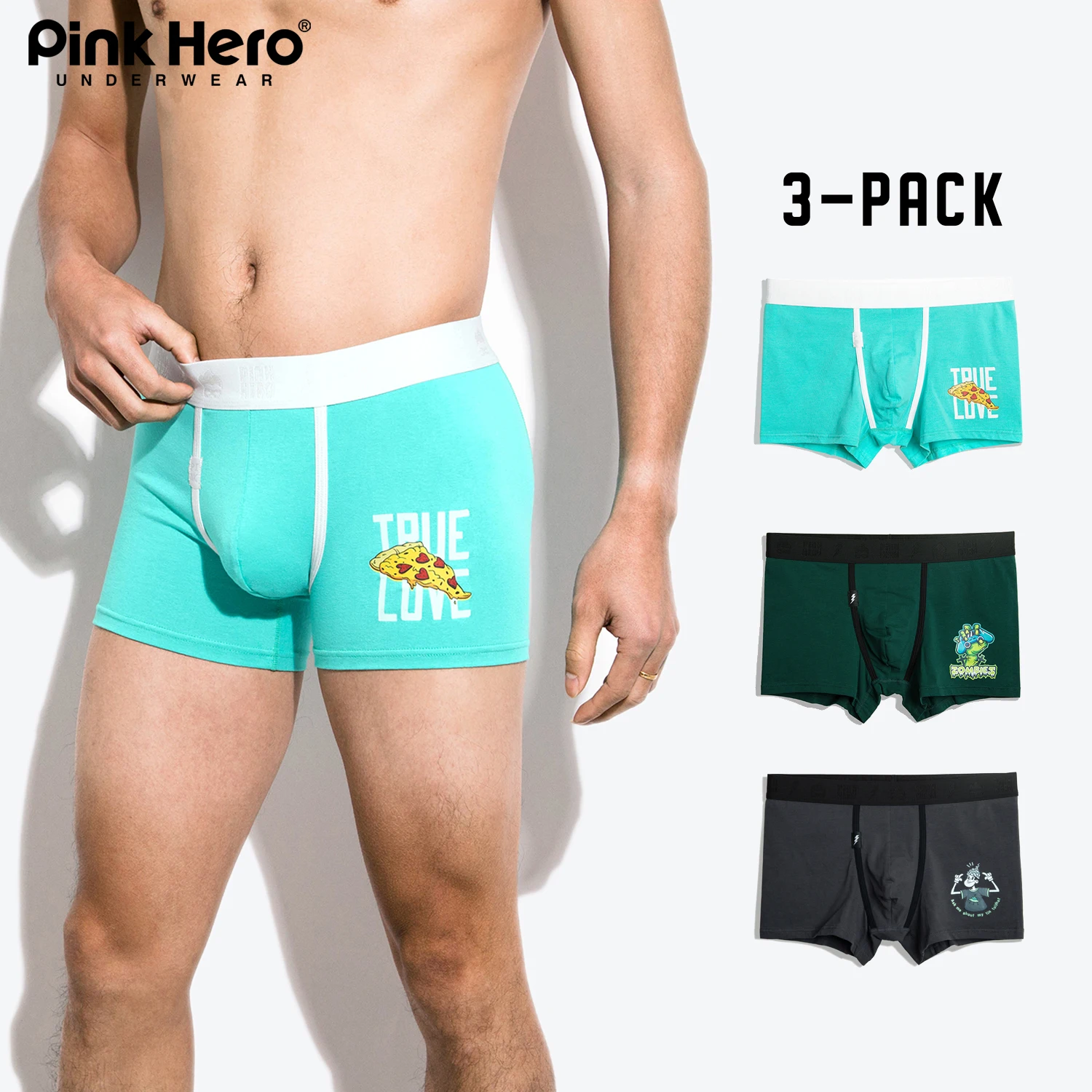 

3 Pcs Men's boxer briefs PINKHERO 549,Novelty Printed Stretch Stylish Comfortable Soft Youth Underwear, Trouser Legs No Roll