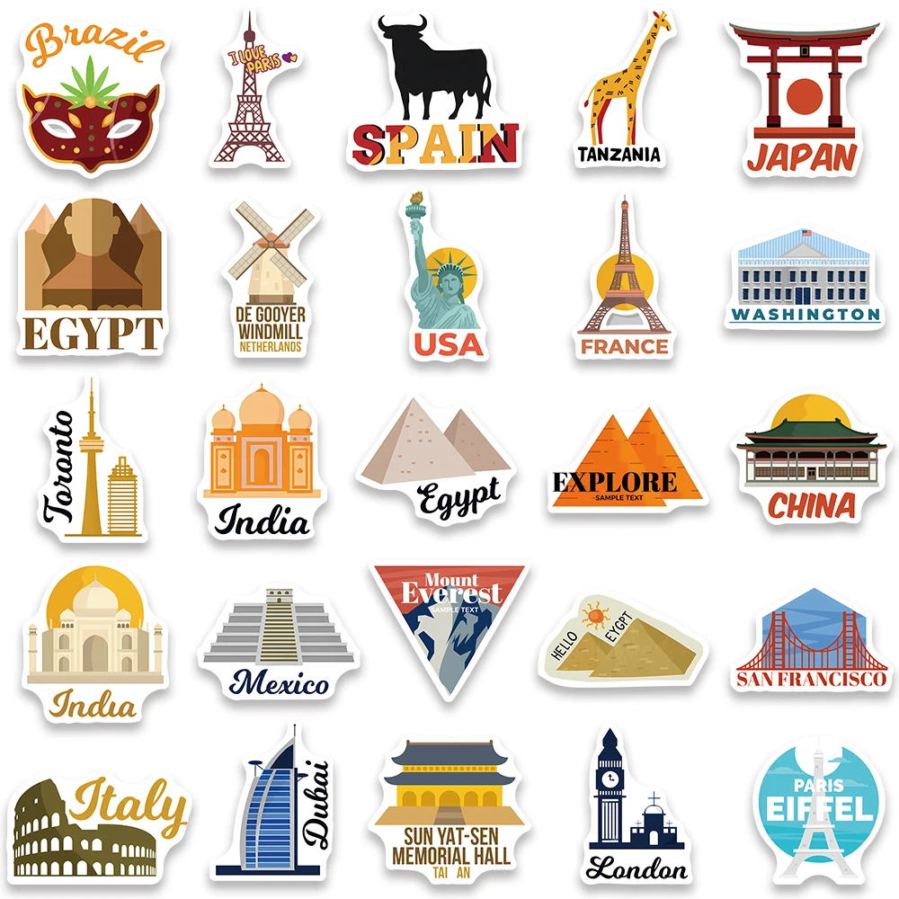 50Pcs World Landscape Country City Travel Waterproof Landmark Sticker Bicycle Bottle Laptop Motorcycle Suitcase Gift Sticker