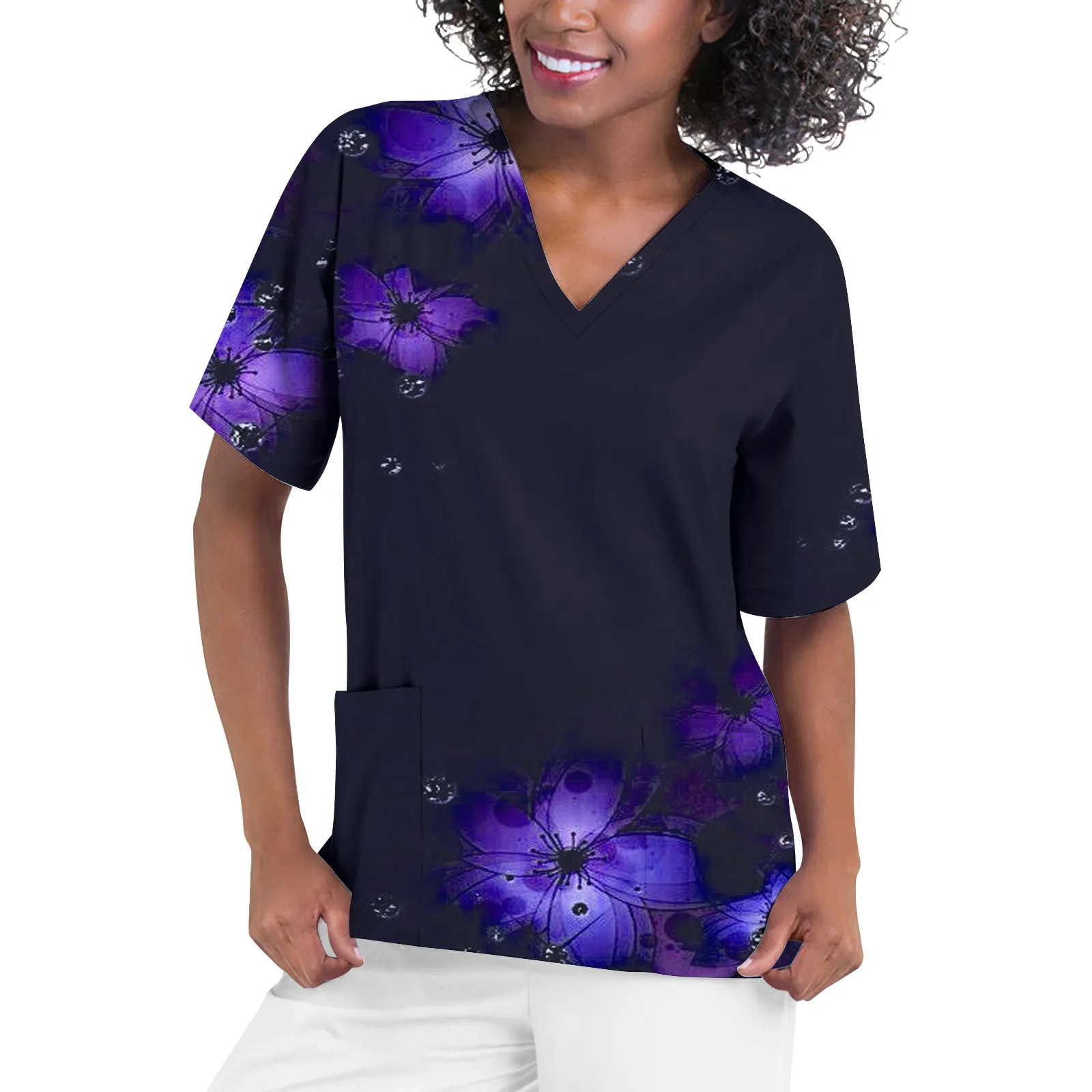 

Womens Short Sleeve V Neck Floral Printed Top Nursed Working T Shirts Blouse With Pockets Short Sleeve Clinic Pet Scrubs Tops