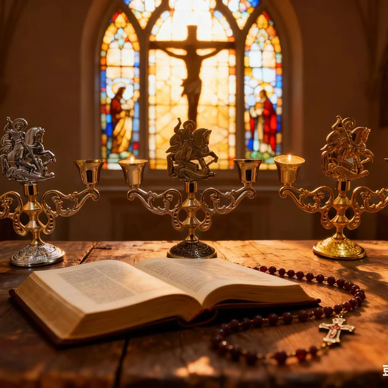 Neuer dreifarbiger St.-Georgius-Altar-Kerzenhalter mit Doppelbechern für Kirchenliturgie, Gebet, religiöse Andacht, christliche Dekoration, Geschenk – Detail 2