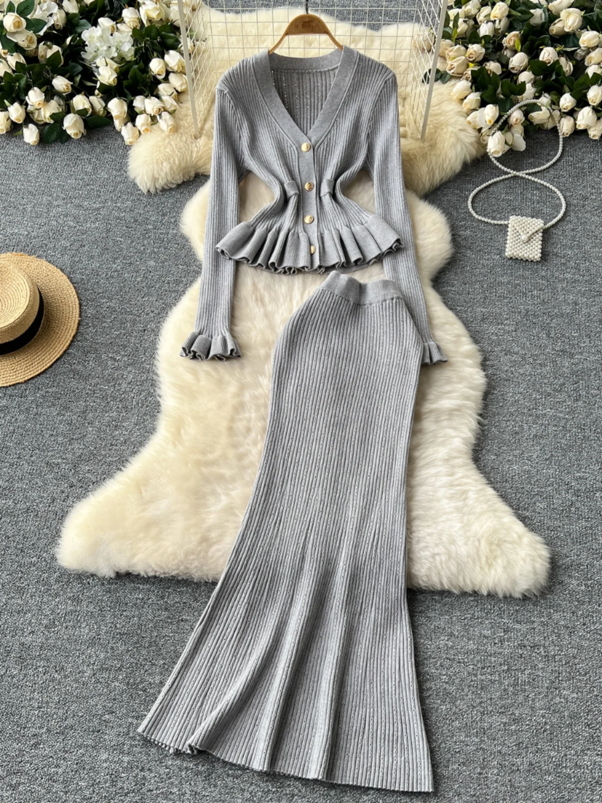 

Утягивающий корейский женский модный комплект, вязаный кардиган с высокой талией, пальто и юбка с хвостом Fi, осень-зима Ele