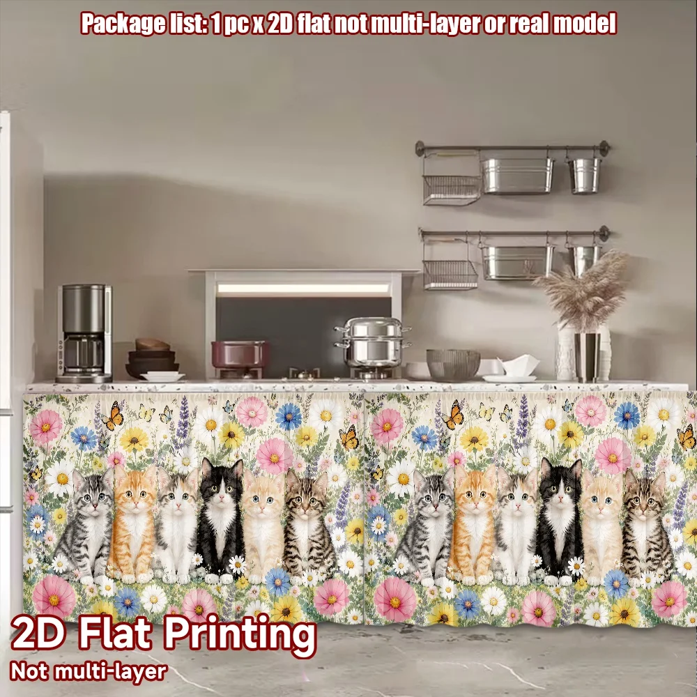 2D flat 1pc Modern minimalist shelf curtains Spring Kittens and Wildflowers Digital printing The rod-mount design makes