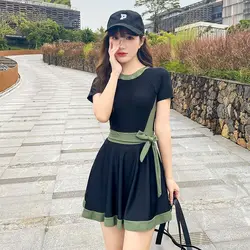 Summer Swimsuit Dress for Women Fashion Two-piece Contrast Color Short Sleeve Skirted Swimwear With Safety Bottoms Bikinis Set
